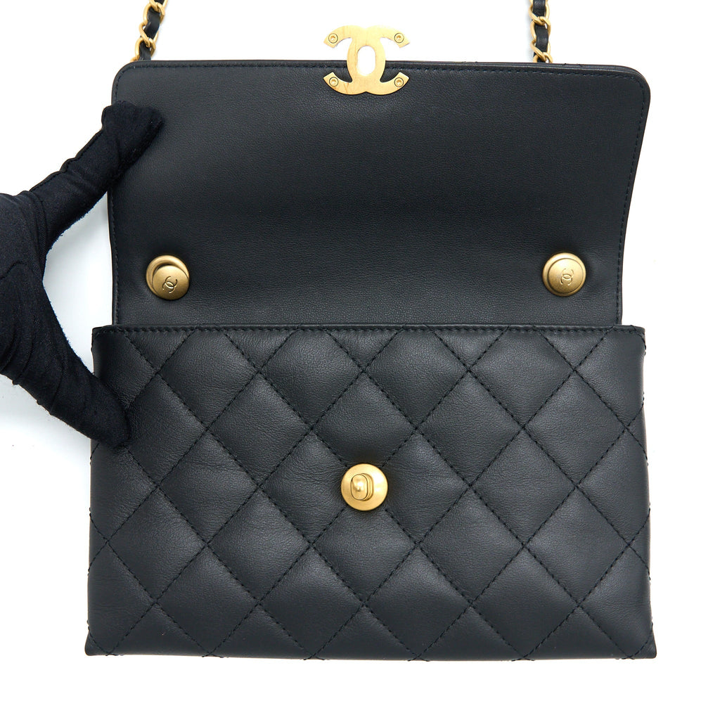 Chanel Handle Flap Bag Calfskin Black Brushed  (Microchip)