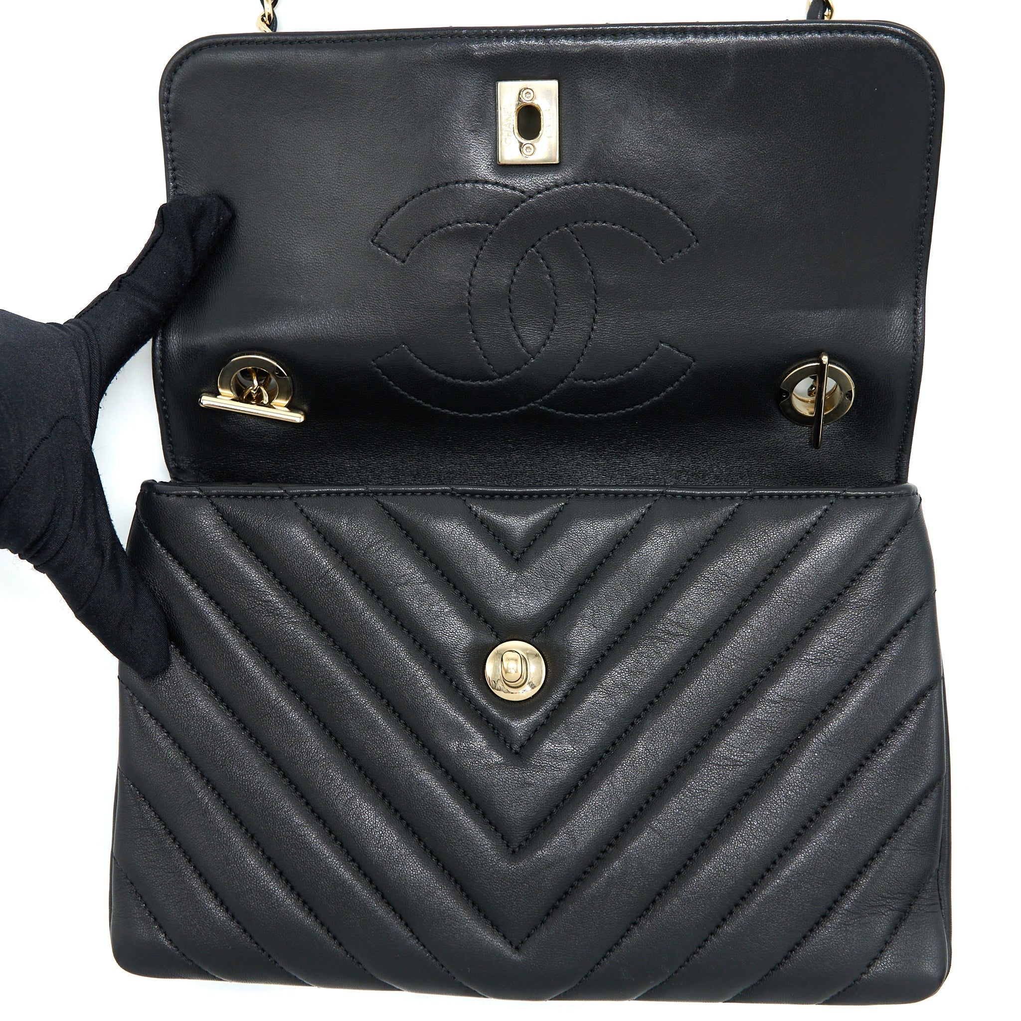 Chanel Chevron Trendy CC Top Handle Flap Bag Lambskin Black L