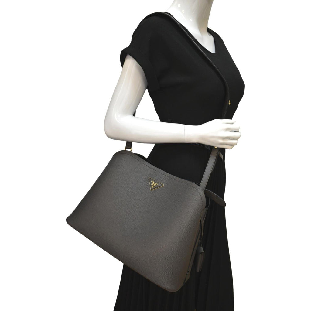 PRADA Matinee Saffiano Leather Shoulder Bag Fumo