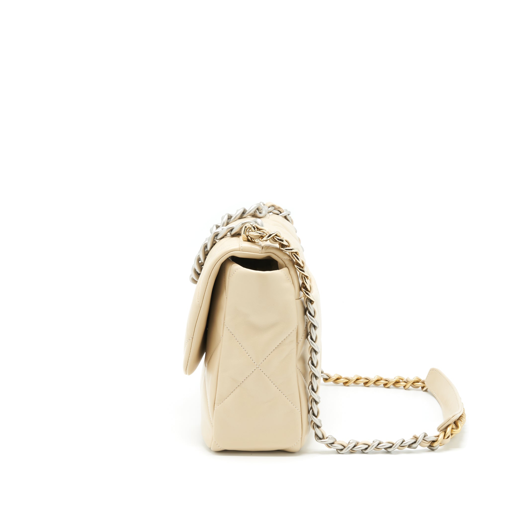 Chanel Medium 19 Bag Quilted Goatskin leather Light Beige Gold/Silver Hardware