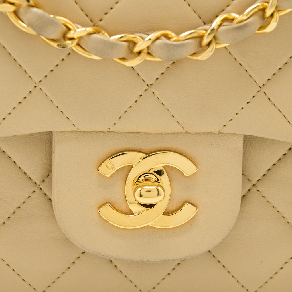 Chanel Vintage Small Classic Double Flap Bag Lambskin Beige