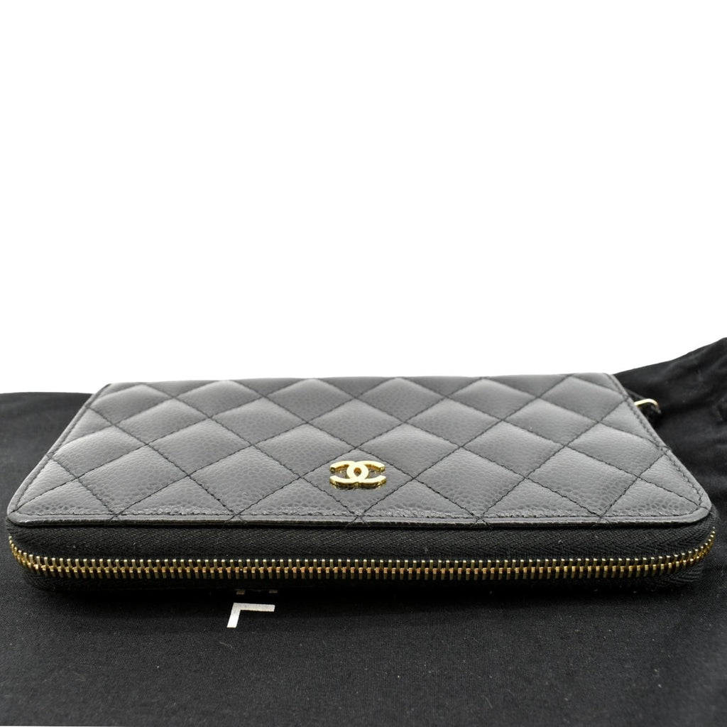 CHANEL Zip Around Quilted Caviar Leather Wallet Black