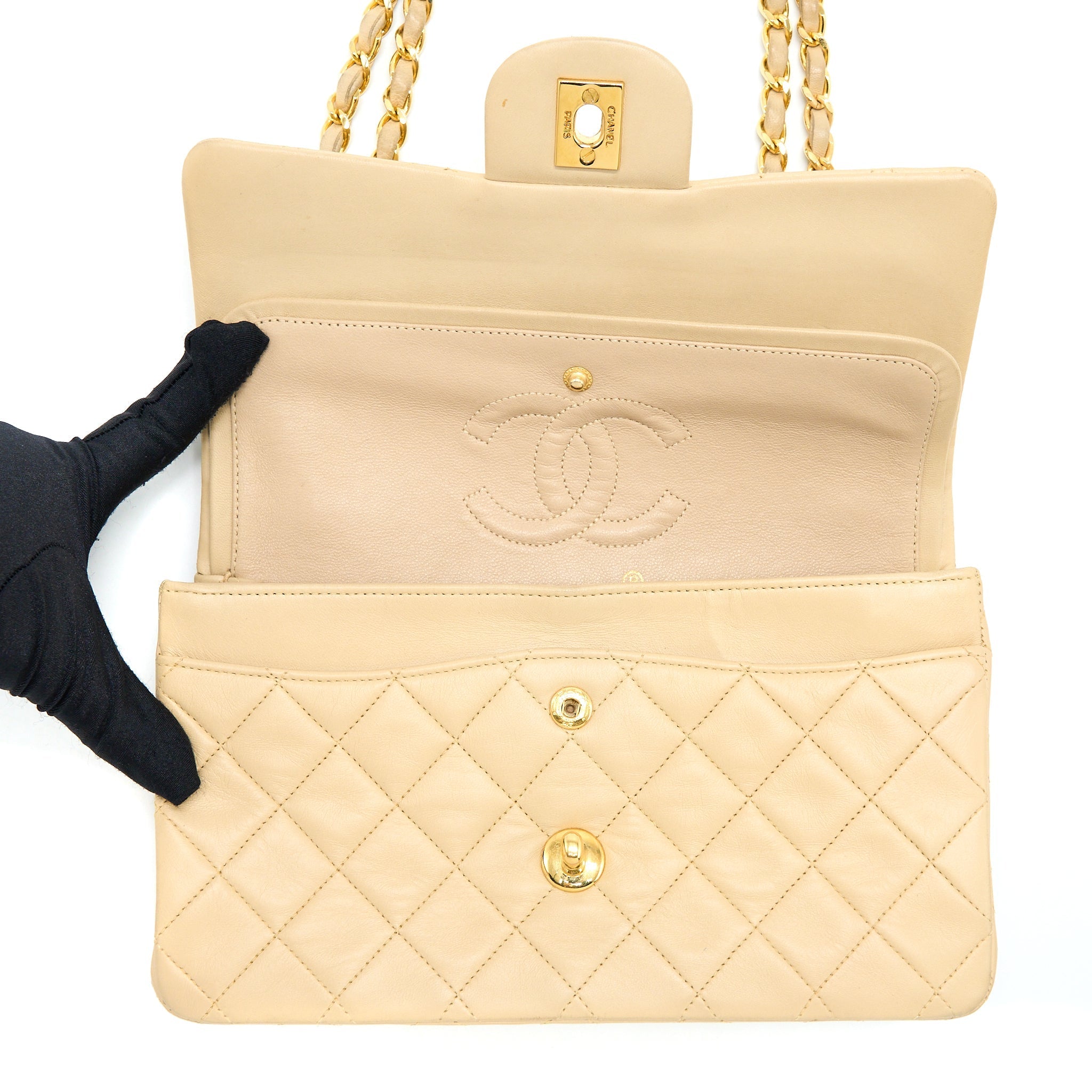 Chanel Vintage Small Classic Double Flap Bag Lambskin Beige