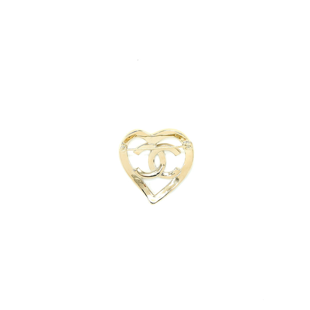 Chanel CC With Heart Brooch Light Gold Tone