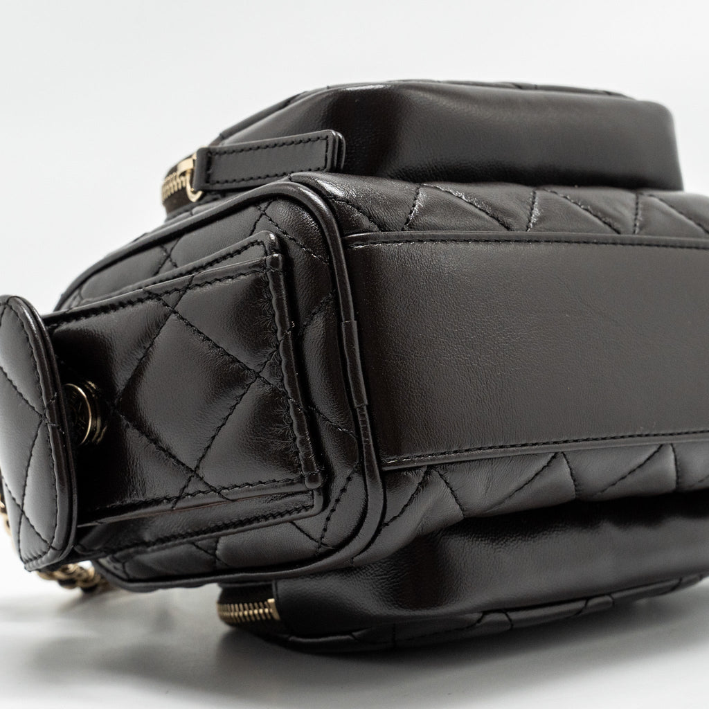 Chanel 24K Small Camera Case Bag Shiny Crumpled Lambskin Dark Brown L (Microchip)