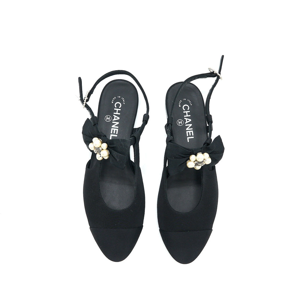 Chanel Size 39 Sling Back With Ribbon Design Black