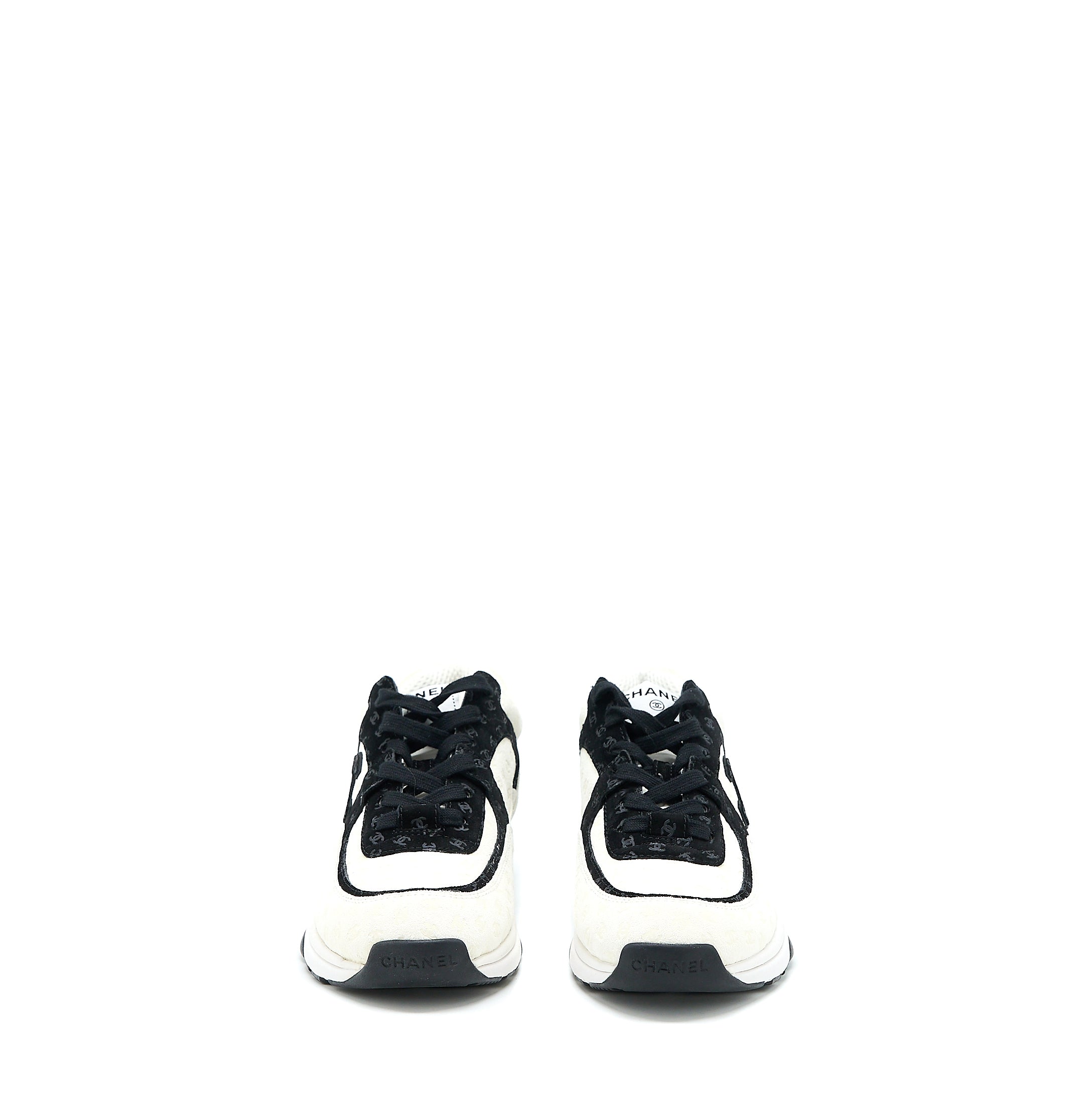 Chanel Size 38.5 22A Trainers Printed Suede Calfskin Black/White