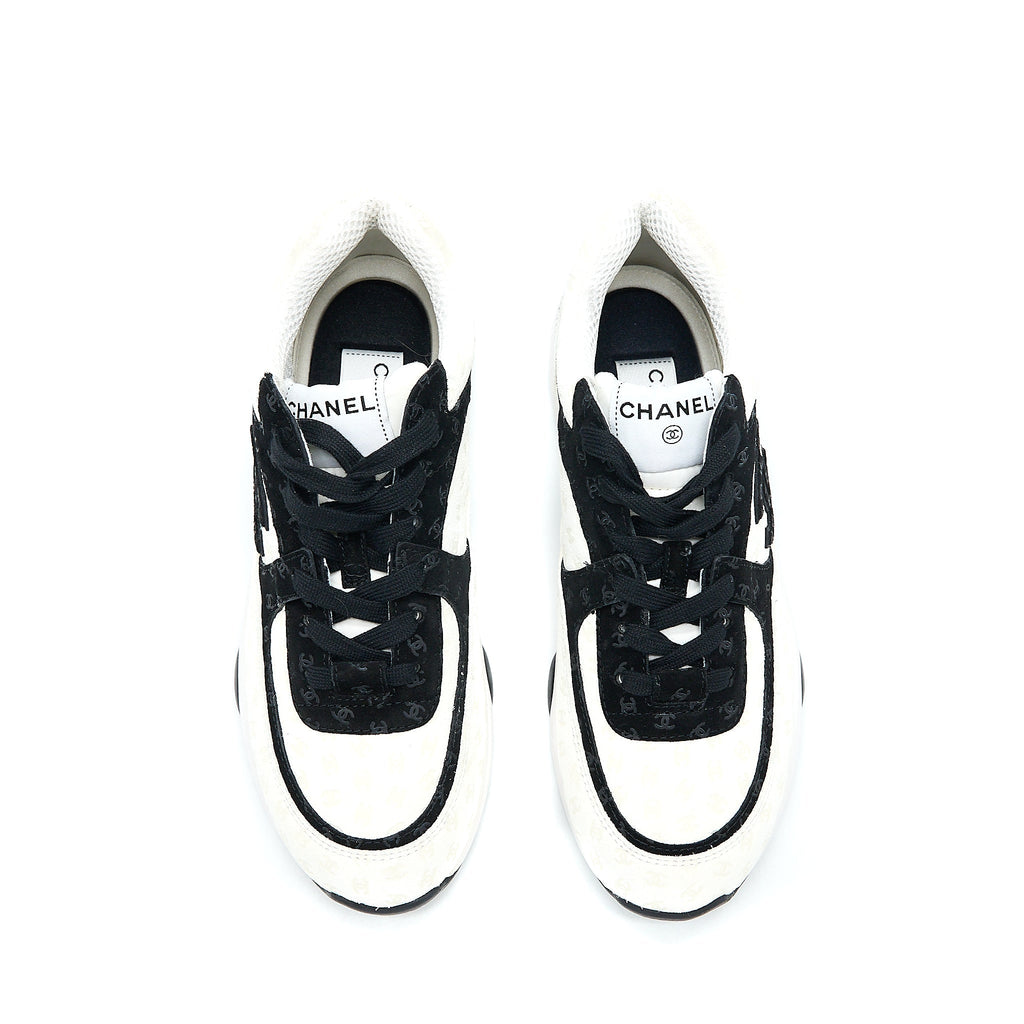 Chanel Size 38.5 22A Trainers Printed Suede Calfskin Black/White