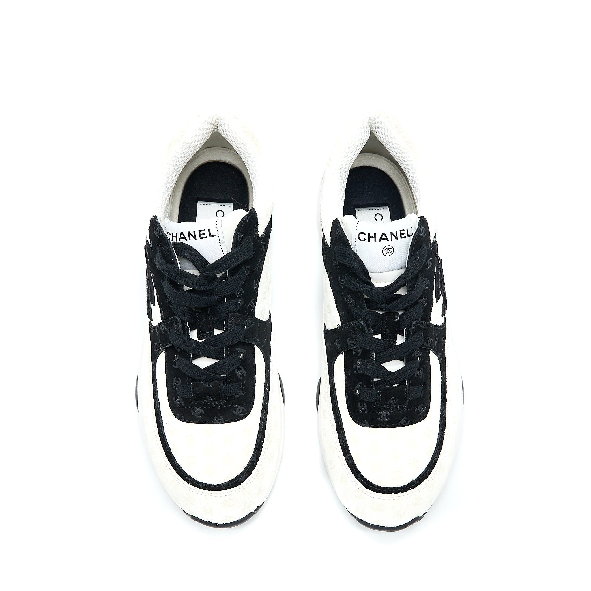 Chanel Size 38.5 22A Trainers Printed Suede Calfskin Black/White