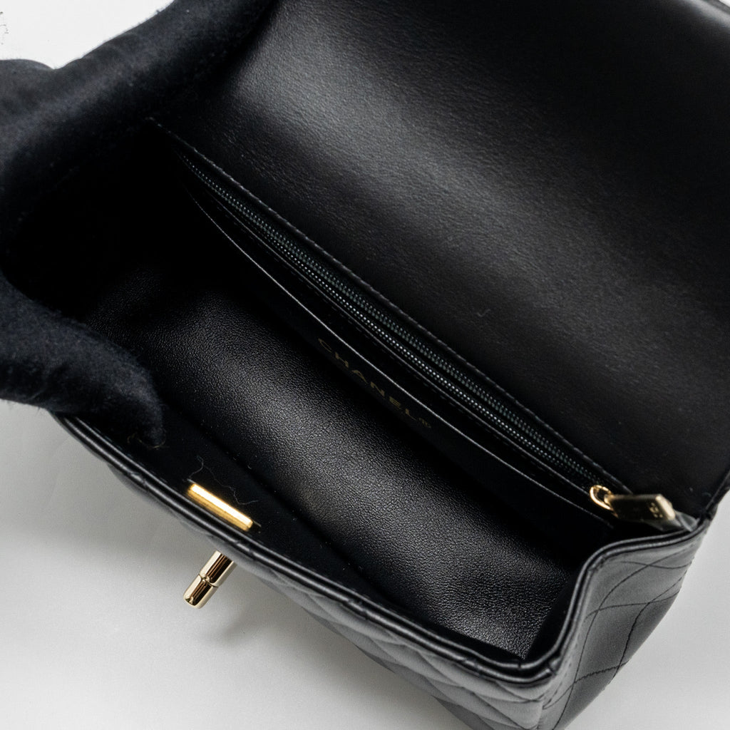 Chanel Top Handle Mini Rectangular Flap Bag Lambskin Black L (Microchip )