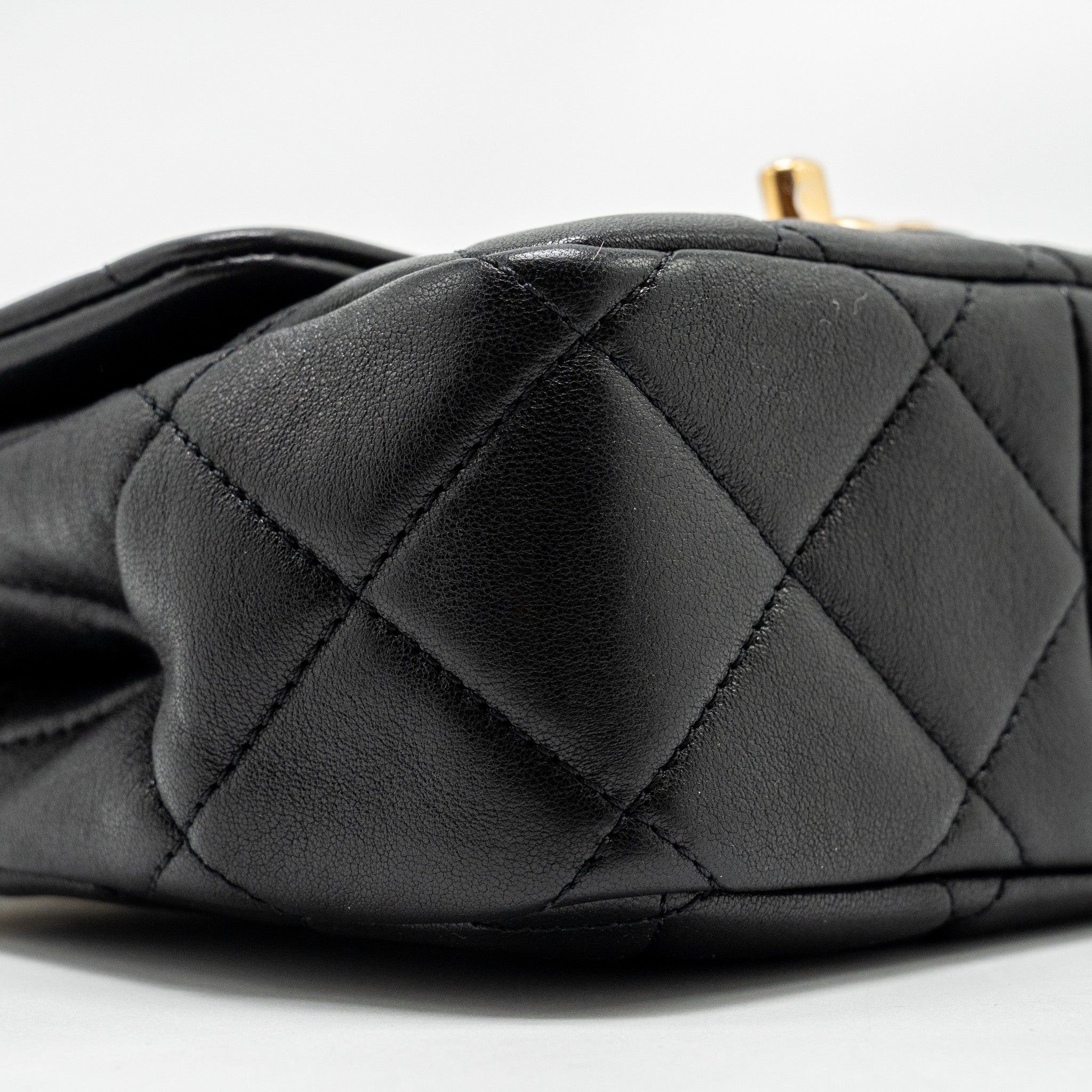 Chanel 23c Round Handle Mini Square Flap Bag Lambskin Black  (microchip)