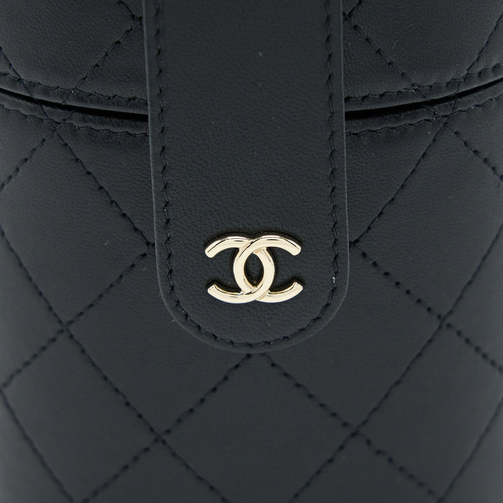 Chanel Round Vanity Case With Chain Lambskin Black L