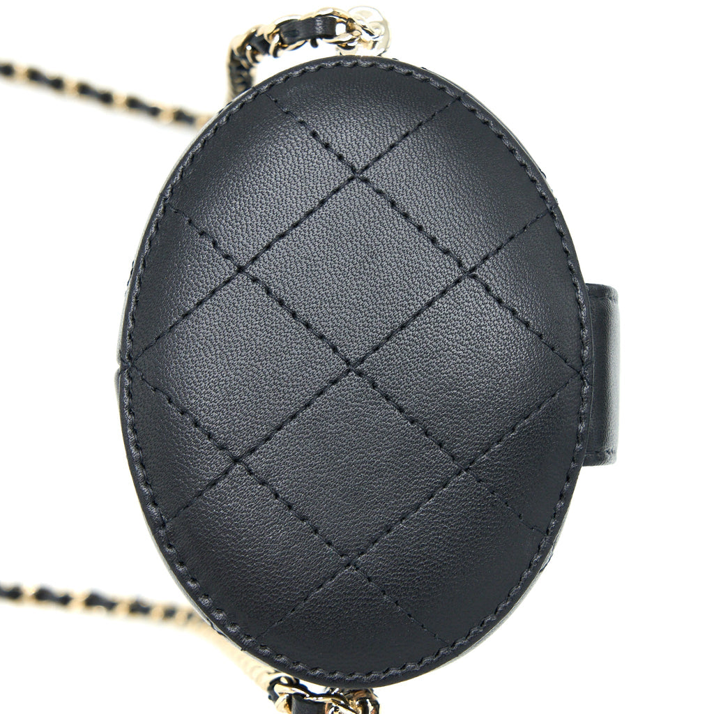 Chanel Round Vanity Case With Chain Lambskin Black L