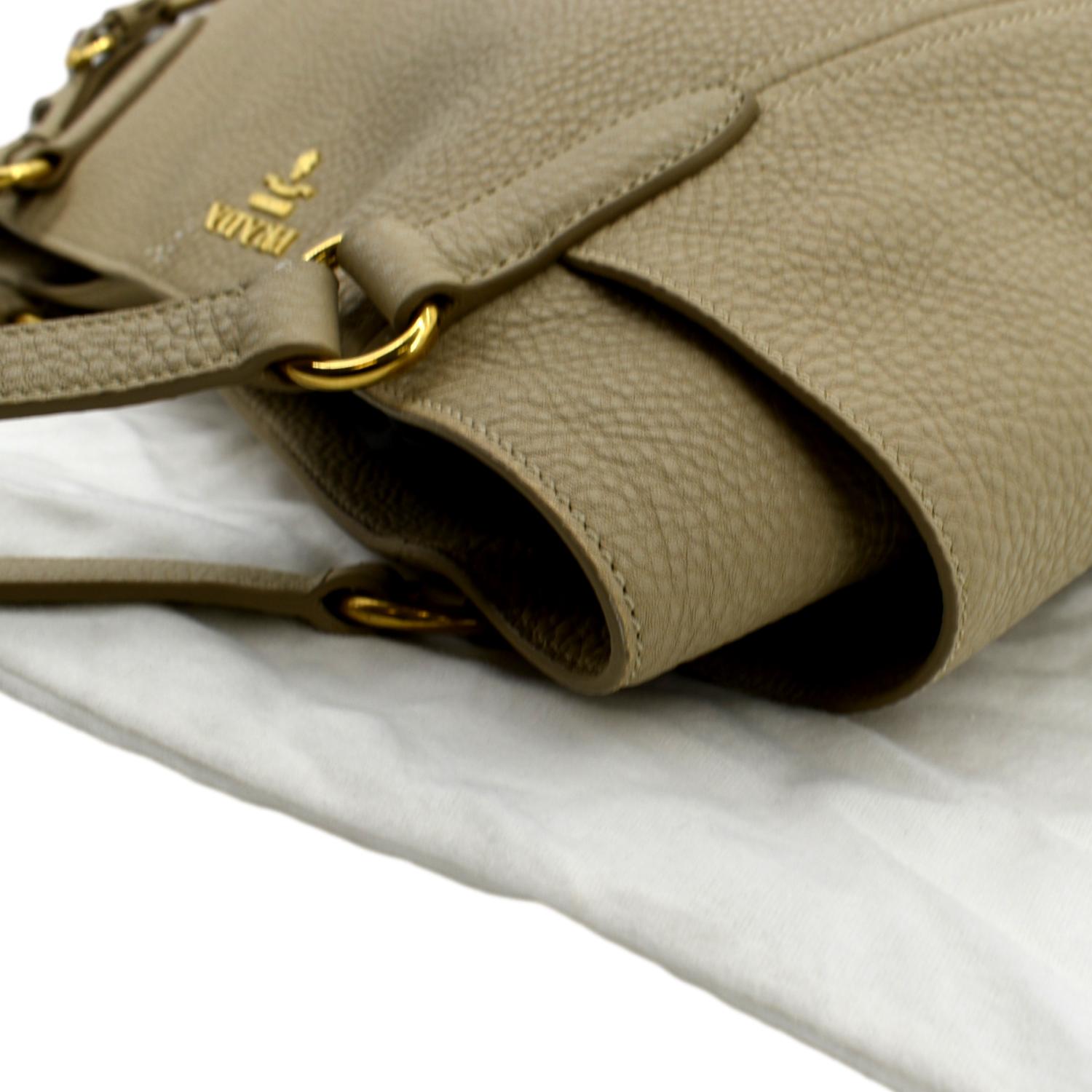 PRADA Vitello Daino Side-Pocket Leather Tote Shoulder Bag Beige