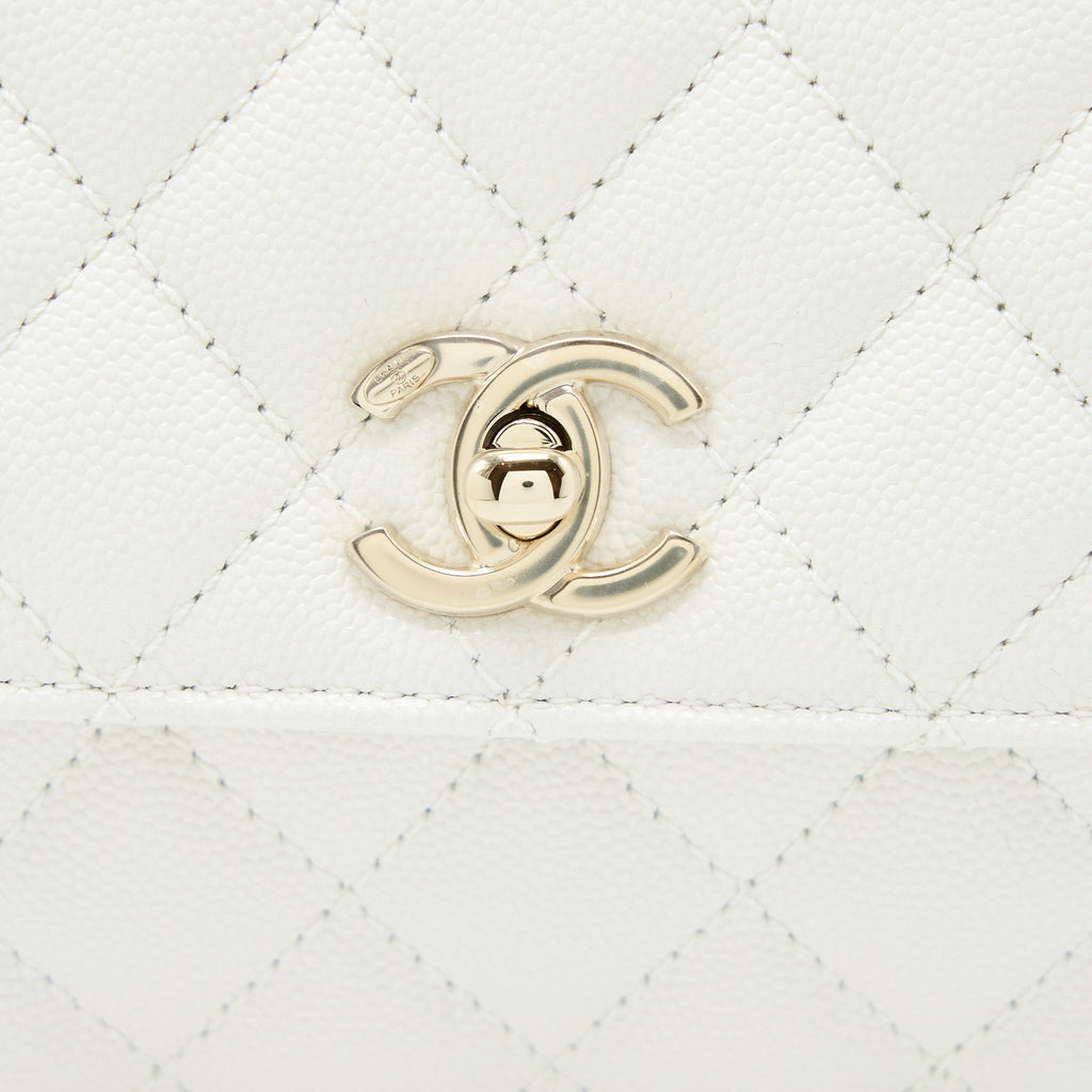 Chanel Small Coco Handle Caviar White L (Microchip)