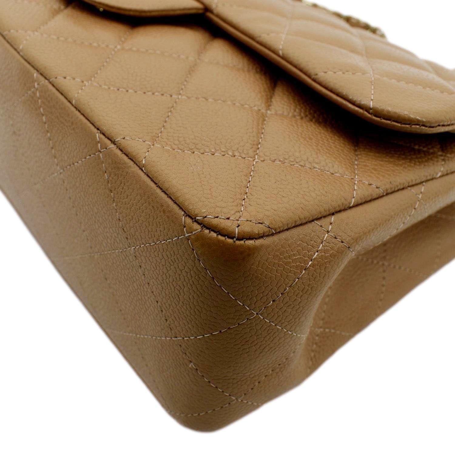 CHANEL Classic Jumbo Double Flap Quilted Caviar Leather Shoulder Bag Beige