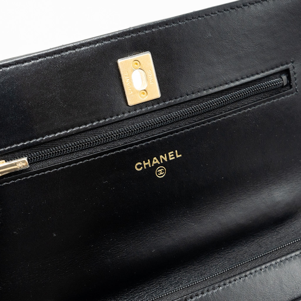 Chanel letter logo top handle flap wallet on chain shiny calfskin black  (microchip)