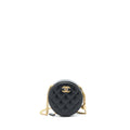 Chanel 22K Gold Pillar Round Clutch With Chain Lambskin Black Brushed