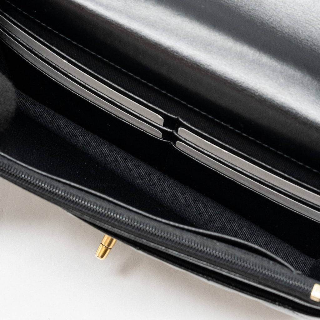 Chanel letter logo top handle flap wallet on chain shiny calfskin black  (microchip)