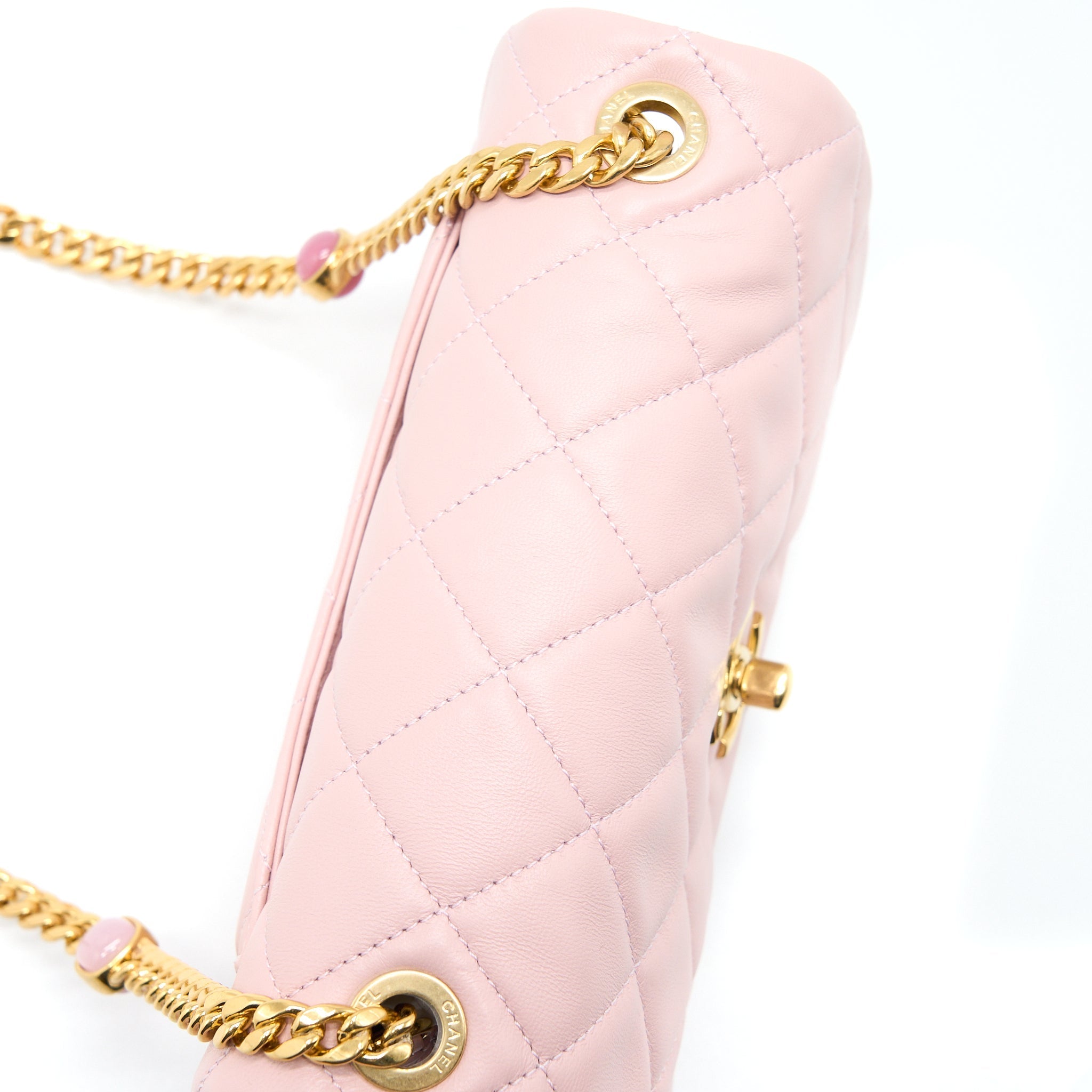 Chanel 22B Small Flap Bag With Gem Chain Lambskin Pink  (Microchip)