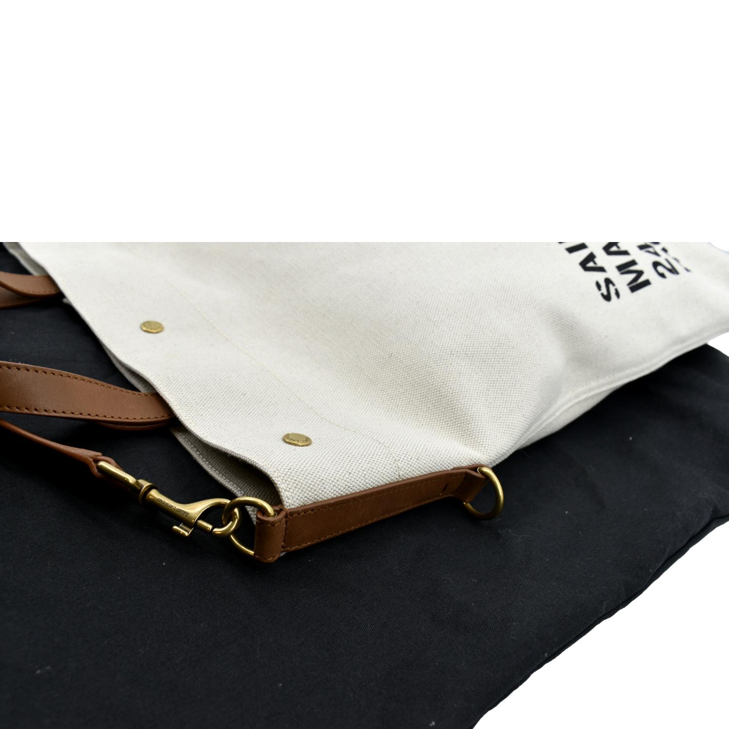 YVES SAINT LAURENT North South Foldable Canvas Smooth Leather Shoulder Bag Naturel