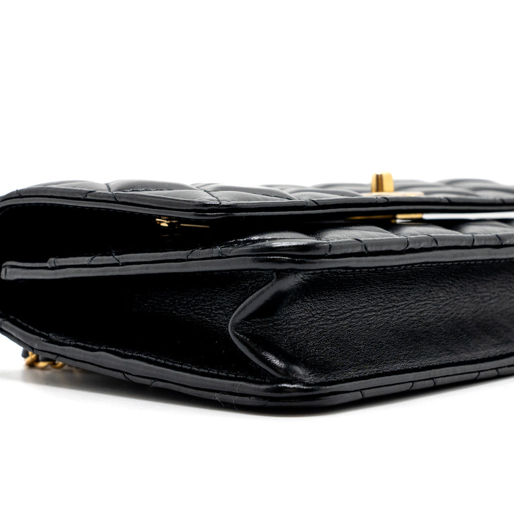 Chanel letter logo top handle flap wallet on chain shiny calfskin black  (microchip)
