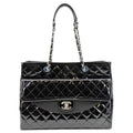 CHANEL Front Pocket Quilted Patent Leather Shopping Tote Bag Black