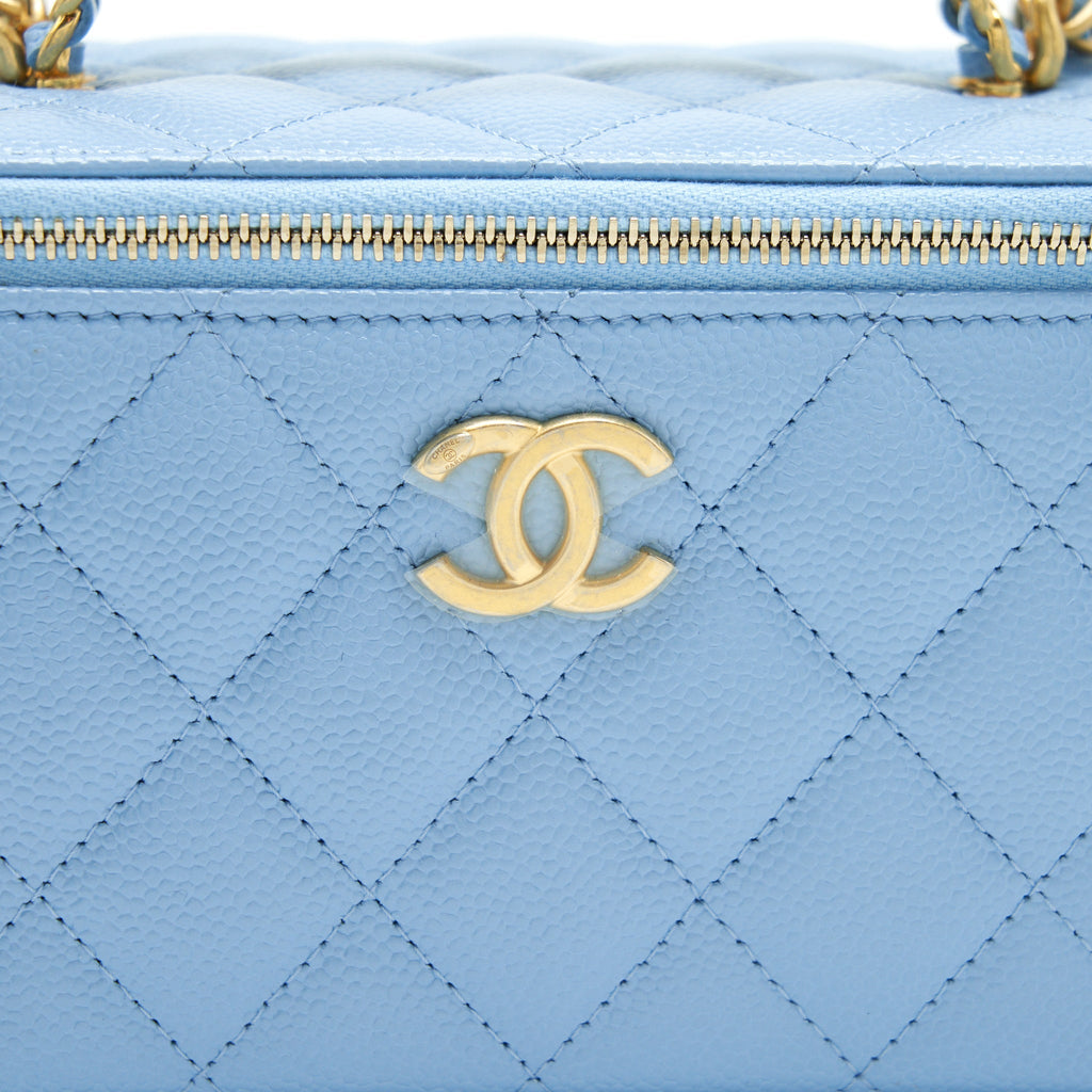 Chanel 22S Letter Logo Top Handle Long Vanity With Chain Caviar Light Blue
