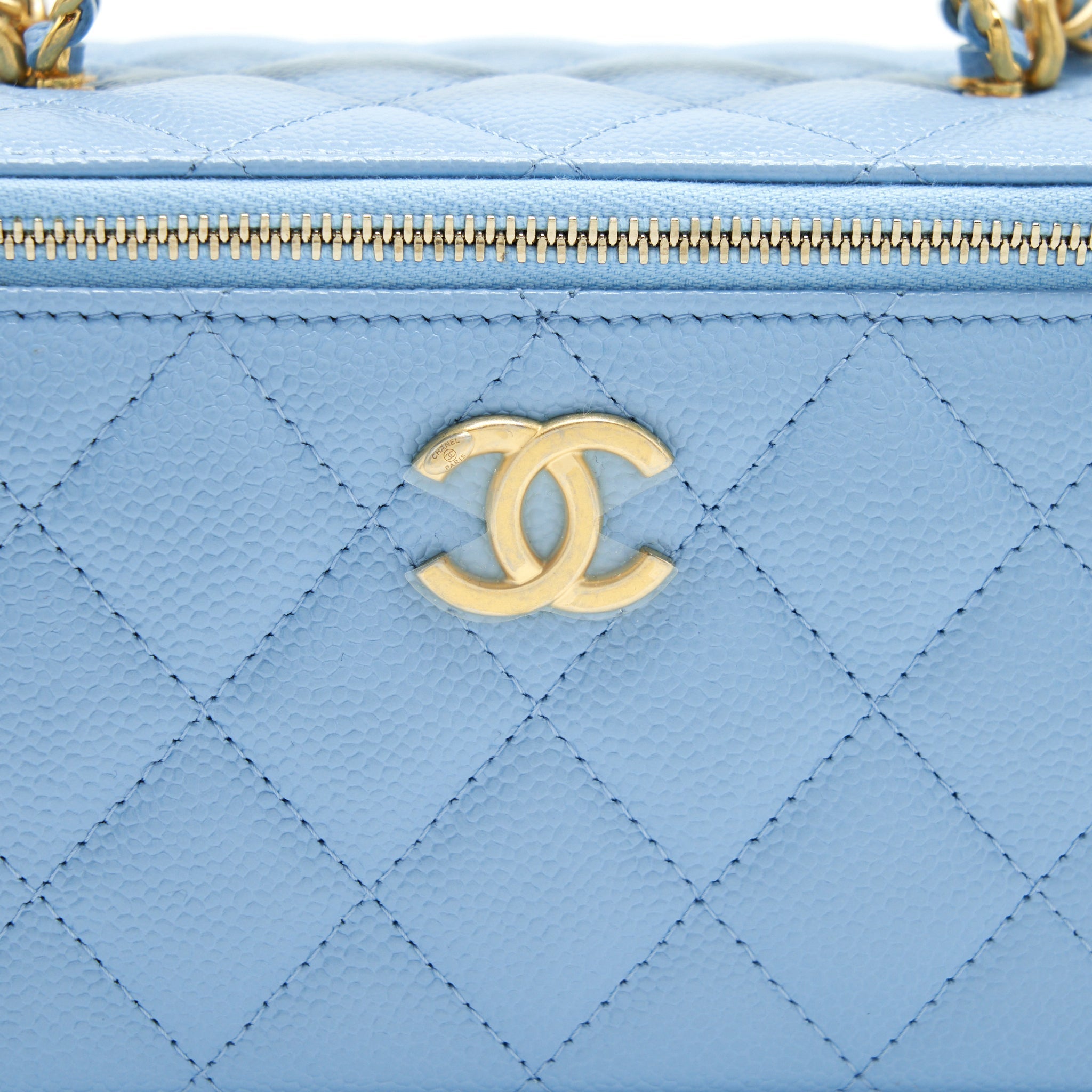 Chanel 22S Letter Logo Top Handle Long Vanity With Chain Caviar Light Blue