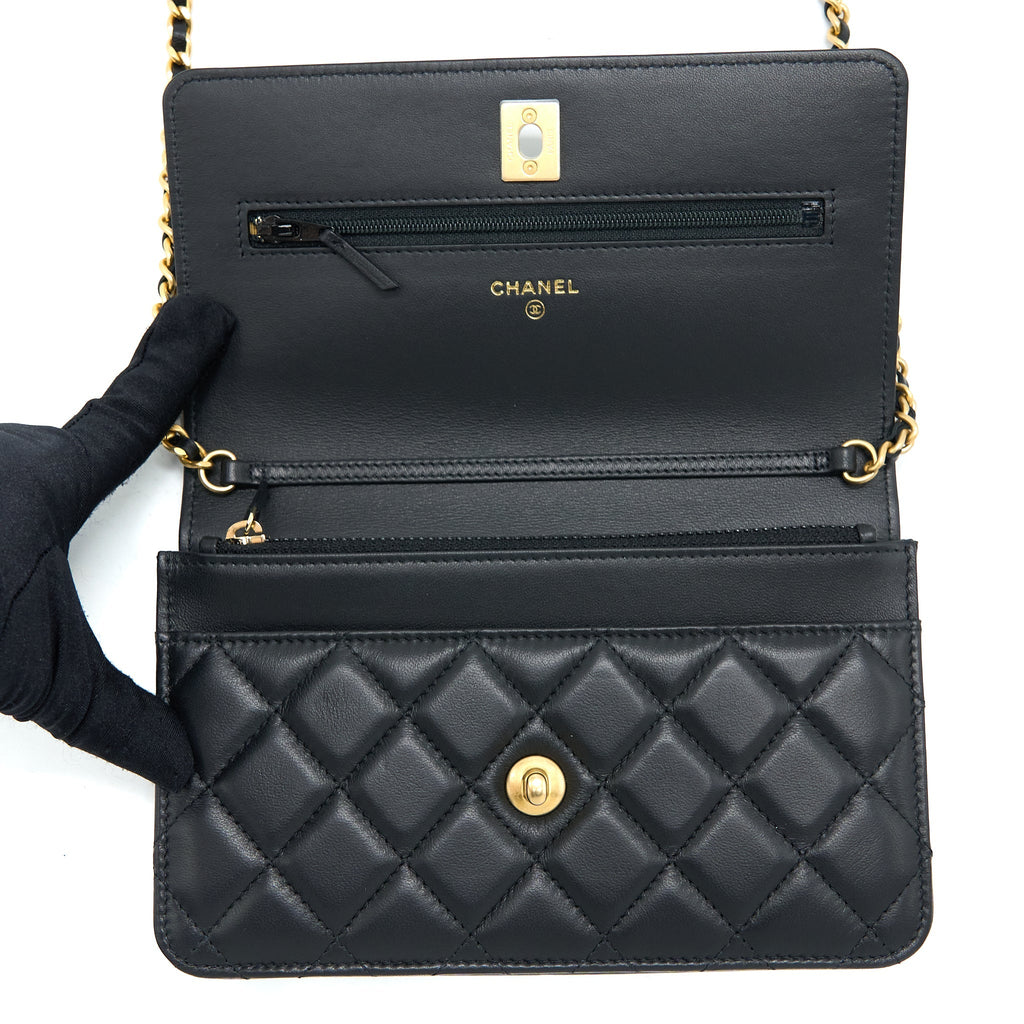 Chanel Pearl Crush Wallet on Chain Lambskin Black Brushed  (Microchip)