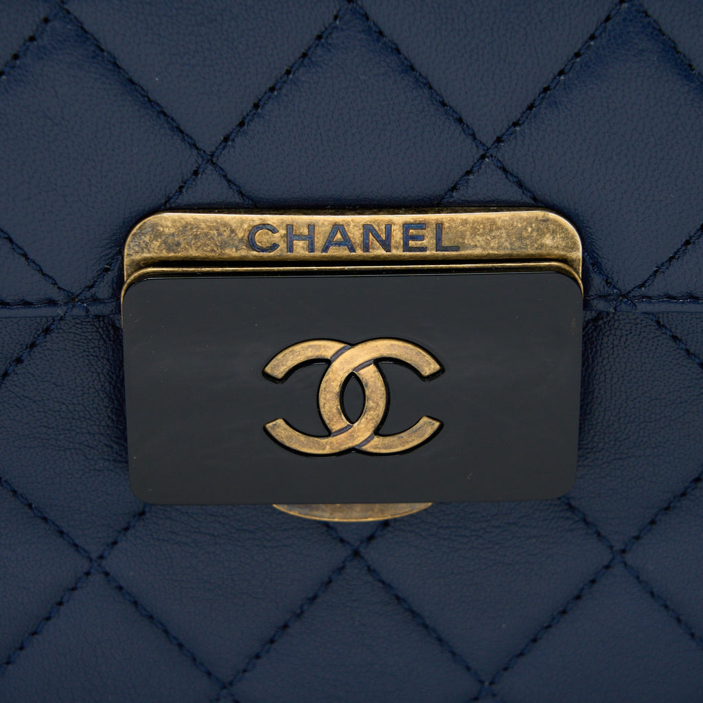 Chanel Quilted Shoulder Bag Goatskin Blue Ruthenium