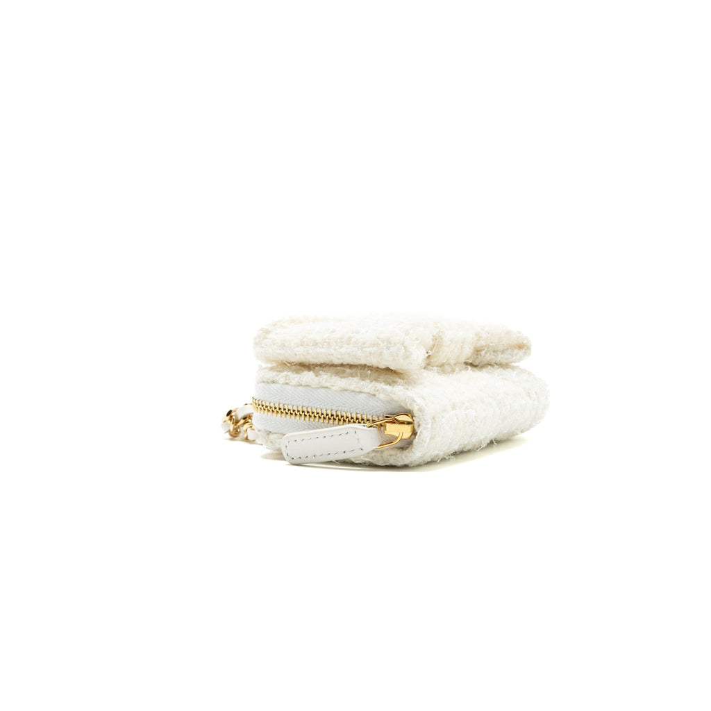 Chanel Mini Bow Card Holder With Chain Tweed White L(Microchip)