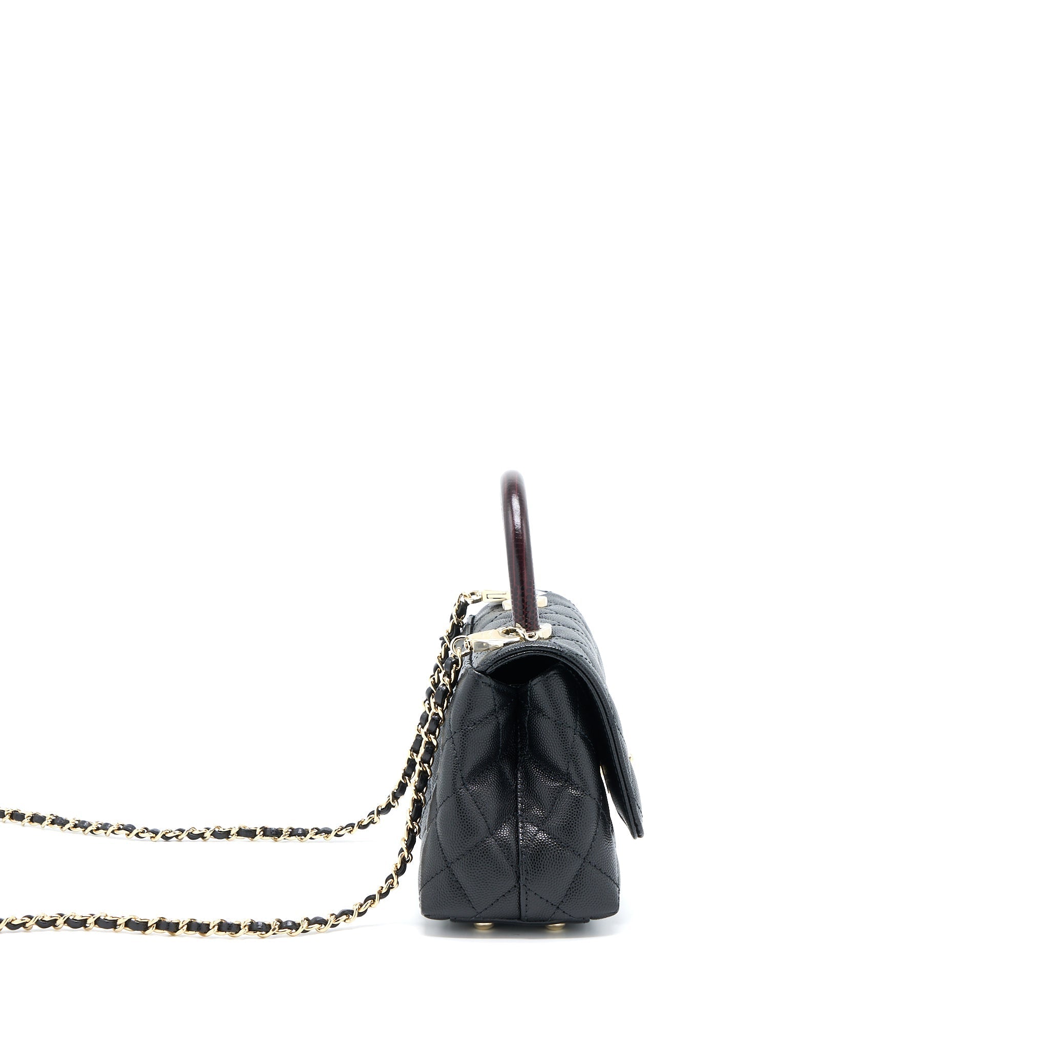 Chanel Mini Coco Handle Bag With Dark Red Handle Caviar Black L(Microchip)