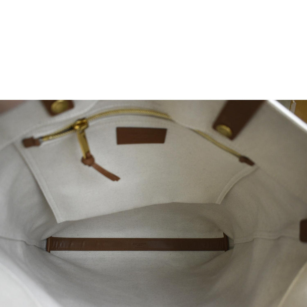 YVES SAINT LAURENT North South Foldable Canvas Smooth Leather Shoulder Bag Naturel
