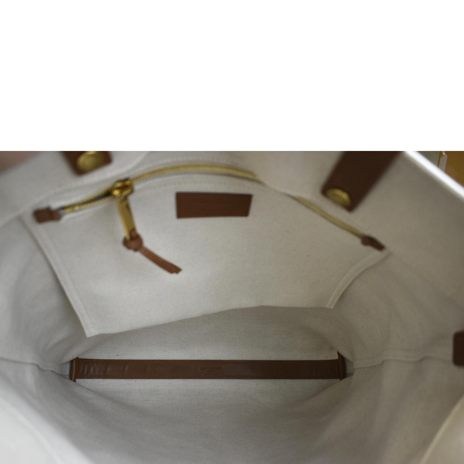 YVES SAINT LAURENT North South Foldable Canvas Smooth Leather Shoulder Bag Naturel