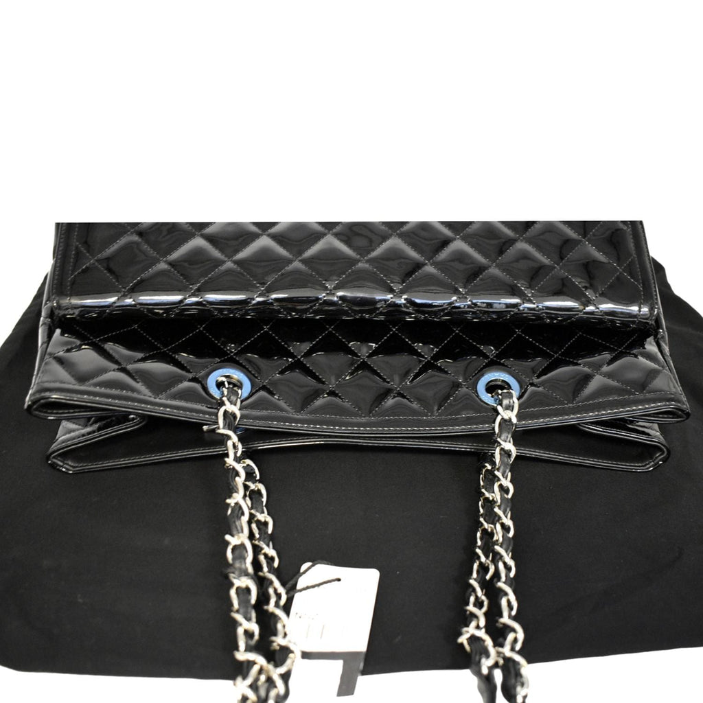CHANEL Front Pocket Quilted Patent Leather Shopping Tote Bag Black