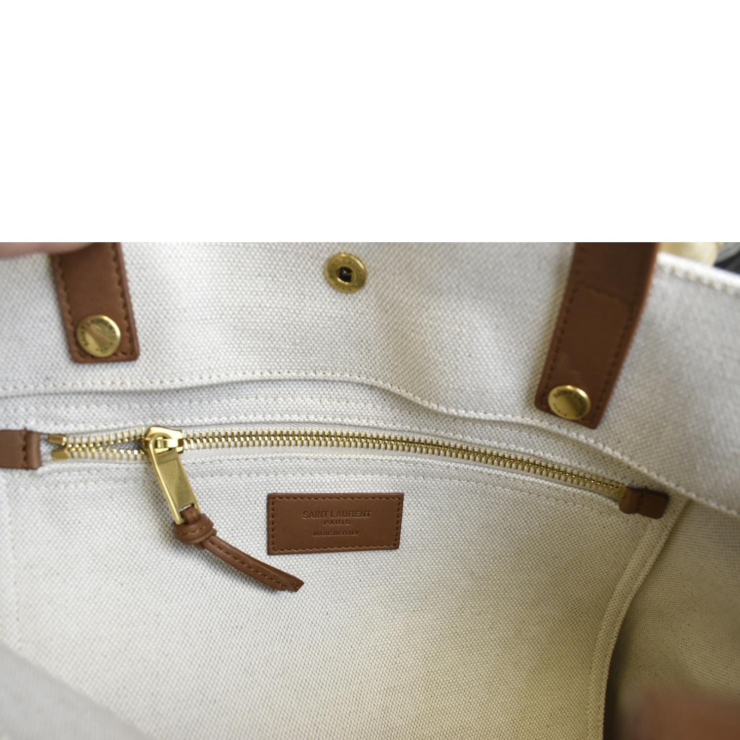 YVES SAINT LAURENT North South Foldable Canvas Smooth Leather Shoulder Bag Naturel