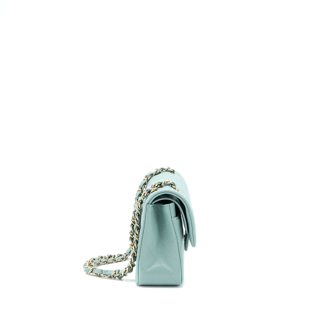 Chanel 22C Small Classic Double Flap Bag Caviar NG124 Greyish Green L (Microchip)
