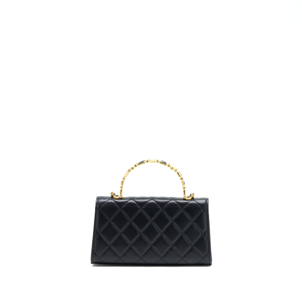 Chanel 22B Flap Bag With Enamel Top Handle Lambskin Black