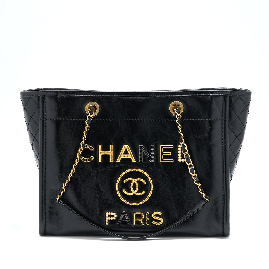 Chanel Deauville Tote Bag Calfskin Black With Detail Logo