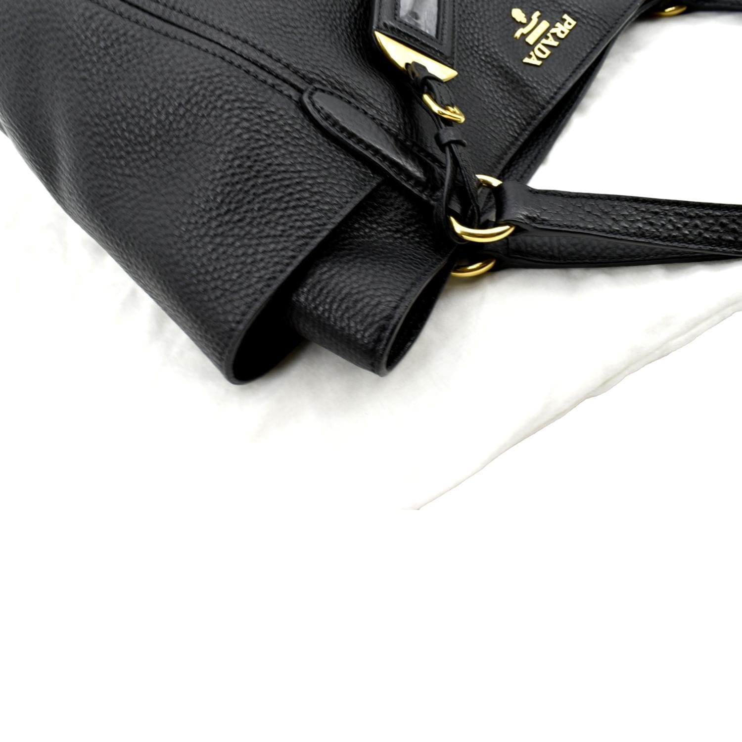 PRADA Vitello Daino Side-Pocket Leather Tote Shoulder Bag Black