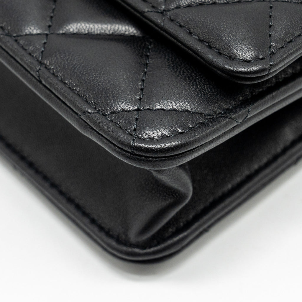Chanel Classic Wallet on Chain With Camellia Adjustable Chain Lambskin Black  (Microchip)