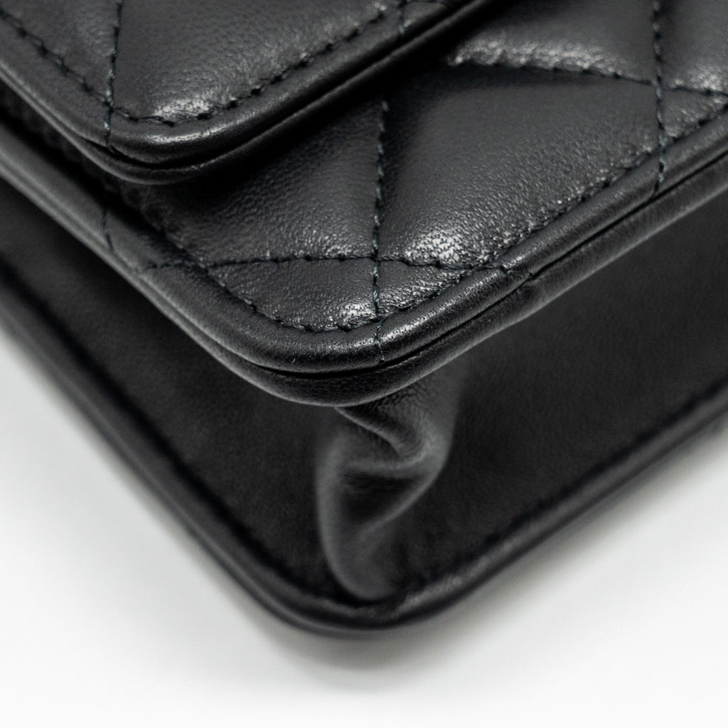 Chanel Classic Wallet on Chain With Camellia Adjustable Chain Lambskin Black  (Microchip)