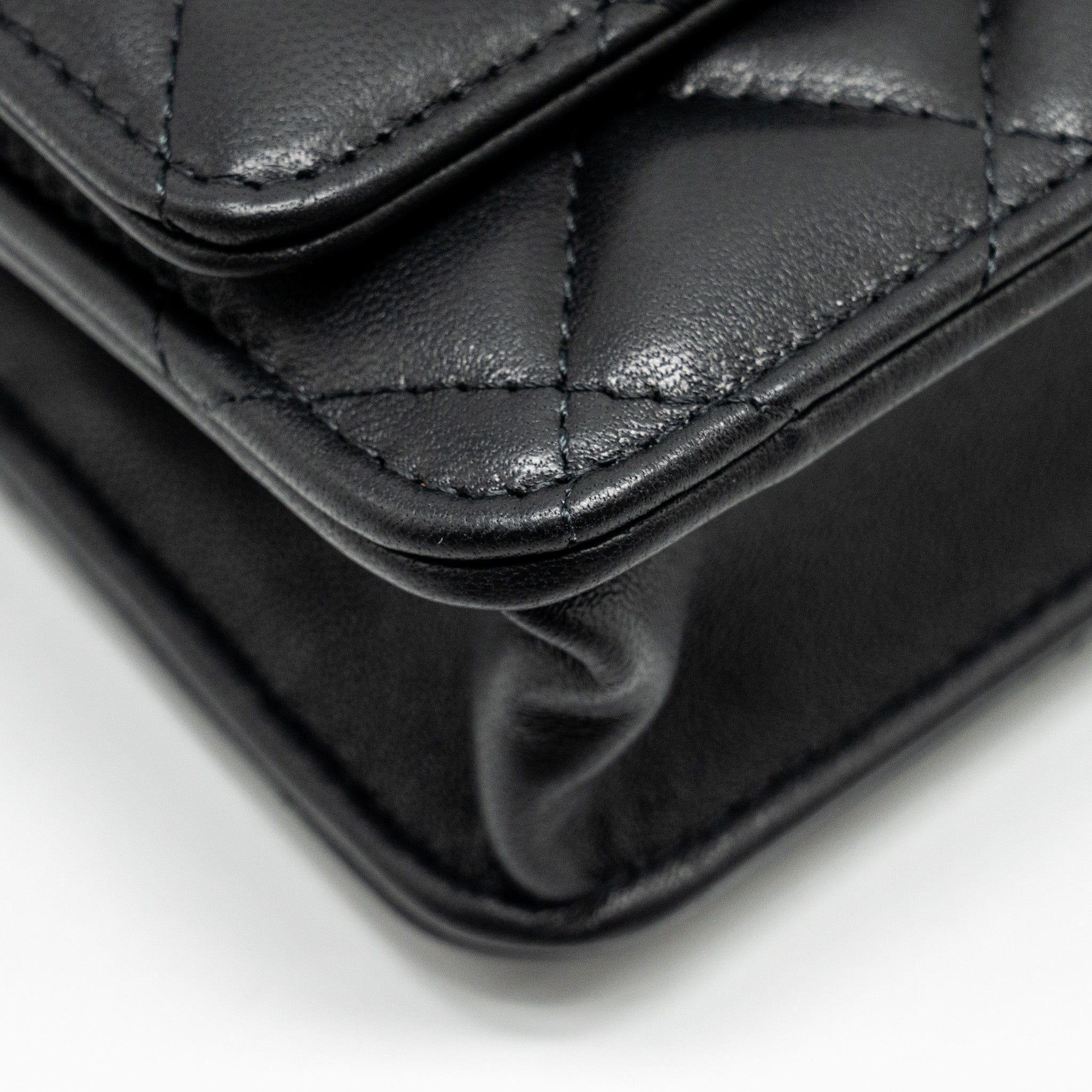 Chanel Classic Wallet on Chain With Camellia Adjustable Chain Lambskin Black  (Microchip)