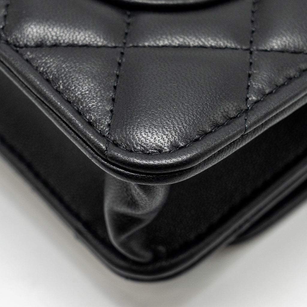 Chanel Classic Wallet on Chain With Camellia Adjustable Chain Lambskin Black  (Microchip)