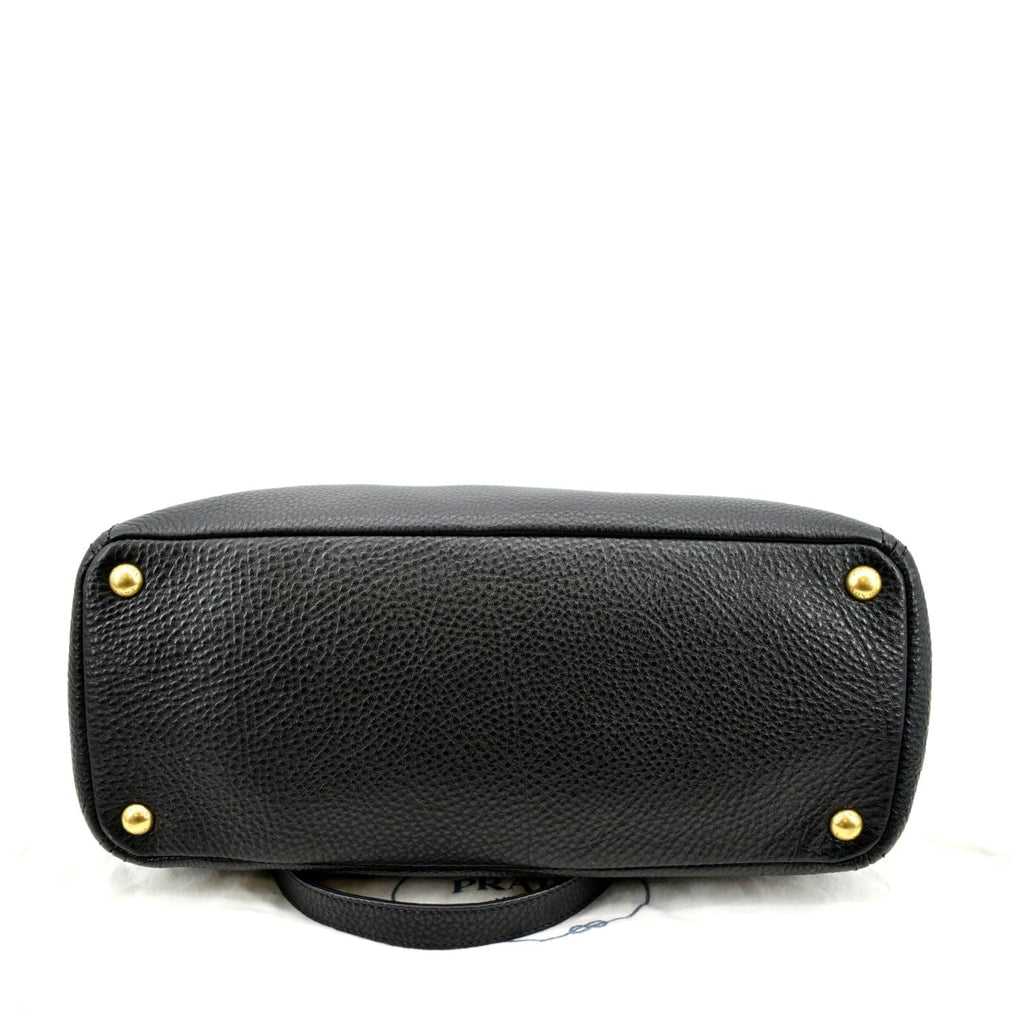 PRADA Vitello Daino Side-Pocket Leather Tote Shoulder Bag Black