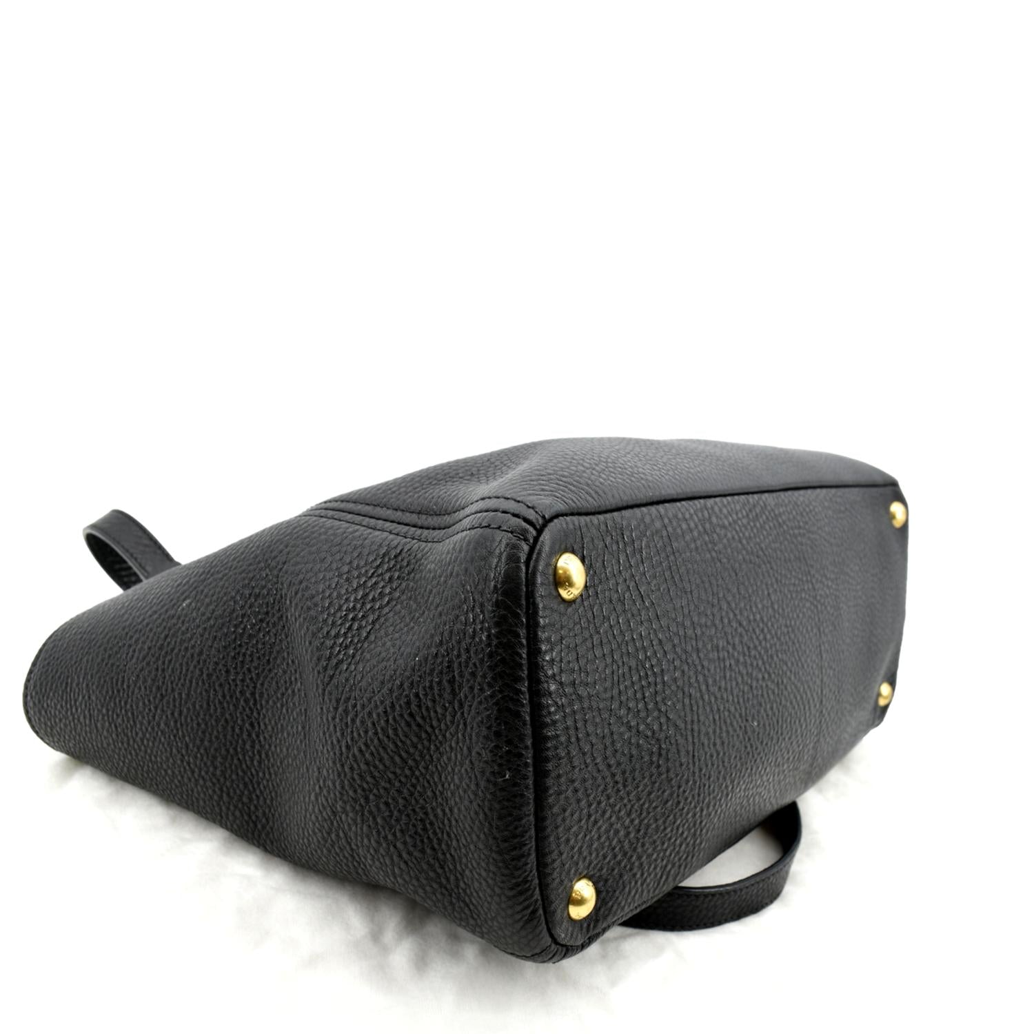 PRADA Vitello Daino Side-Pocket Leather Tote Shoulder Bag Black