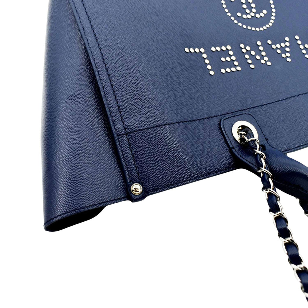 CHANEL Deauville Studded Caviar Tote Shoulder Bag Blue
