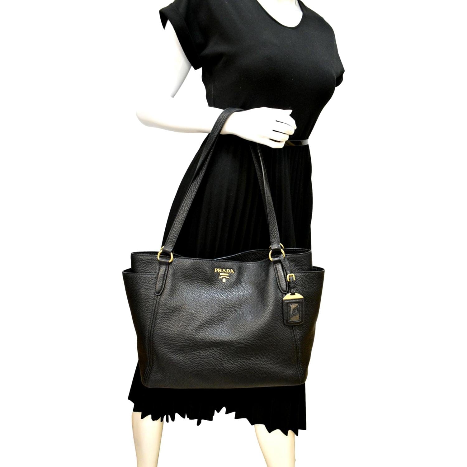 PRADA Vitello Daino Side-Pocket Leather Tote Shoulder Bag Black