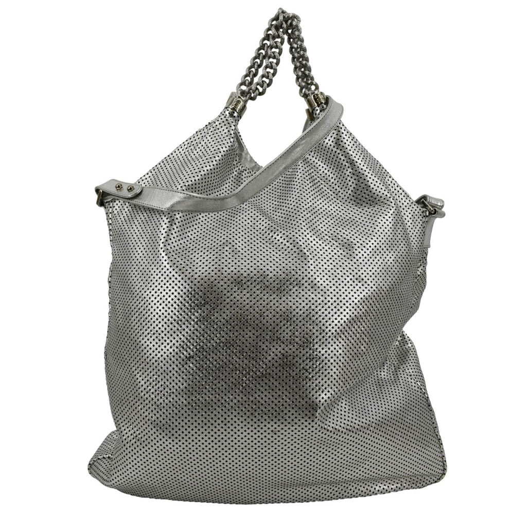 CHANEL Rodeo Drive Perforated Leather Shoulder Bag Metallic Silver